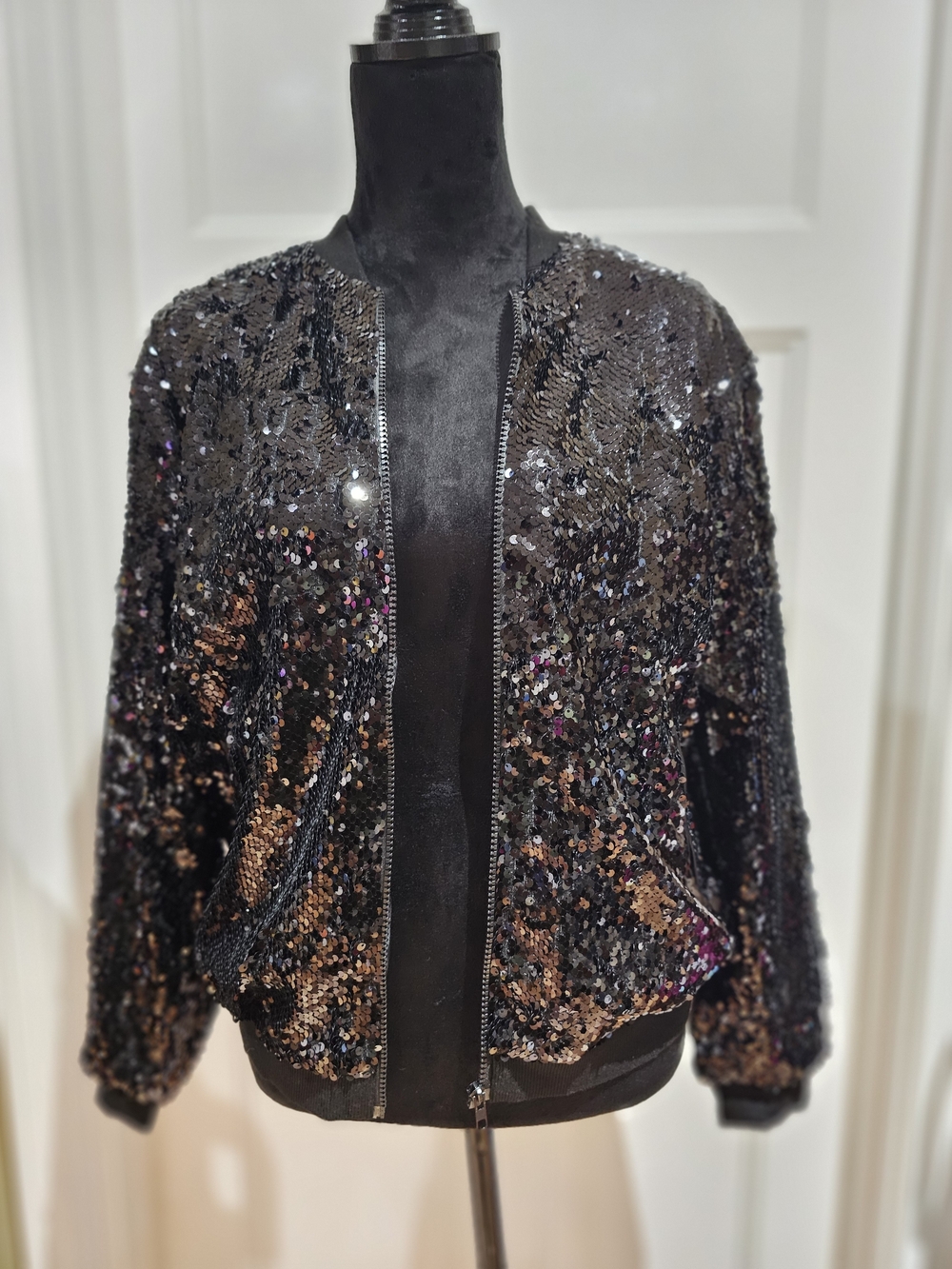 L&B Black Sequin Bomber Jacket, NWT